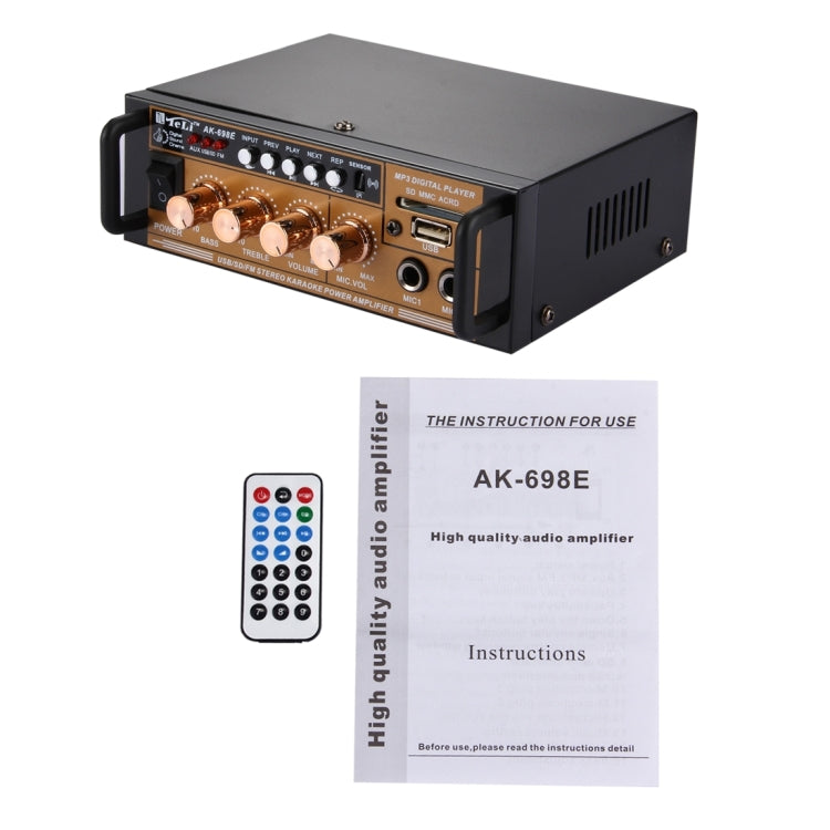 AK-698E HiFi Stereo Audio Power Amplifier 20W + 20W Digital Player with Remote Control, Support FM / SD / MP3 Player / USB, AC 220V / DC 12V(Black)