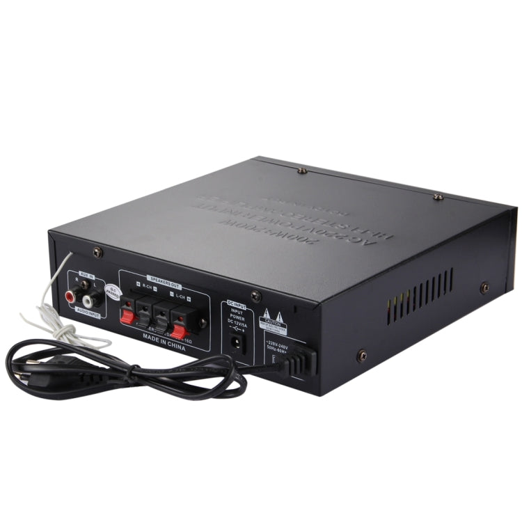 AK-104 2CH 200W + 200W HiFi Stereo Audio Amplifier with FM Radio, AC 220V / DC 12V(Black)