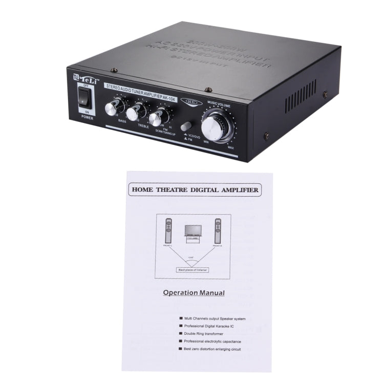 AK-104 2CH 200W + 200W HiFi Stereo Audio Amplifier with FM Radio, AC 220V / DC 12V(Black)