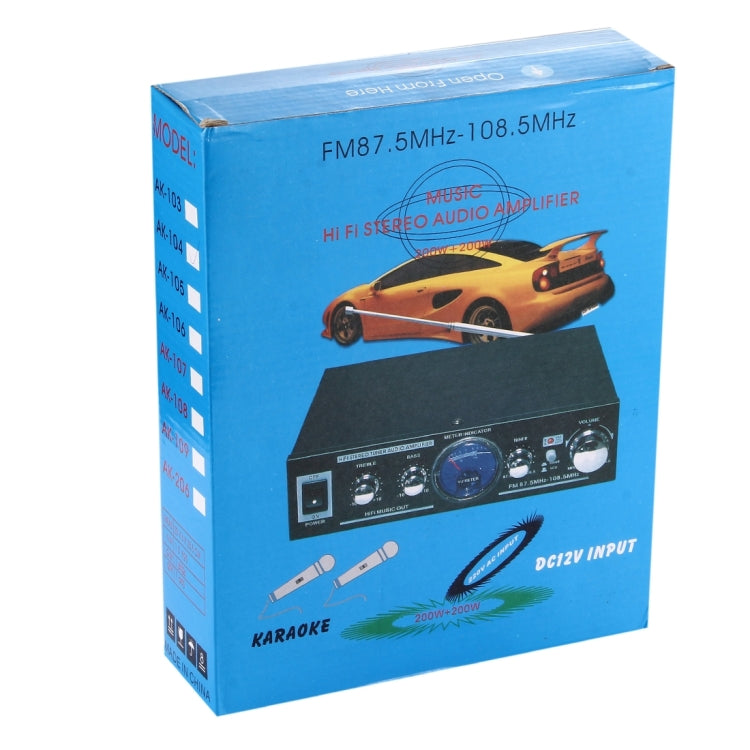 AK-104 2CH 200W + 200W HiFi Stereo Audio Amplifier with FM Radio, AC 220V / DC 12V(Black)