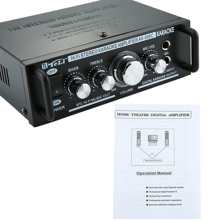 AK698C HiFi Stereo Audio 180W + 180W Power Amplifier, Support 2CH MIC Input, AC 220V / DC 12V(Black)