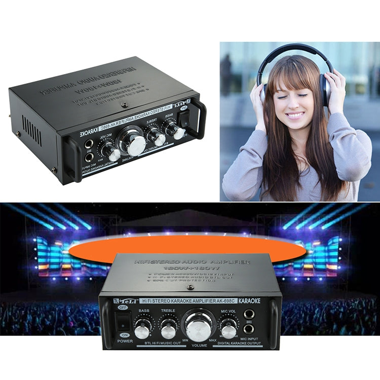 AK698C HiFi Stereo Audio 180W + 180W Power Amplifier, Support 2CH MIC Input, AC 220V / DC 12V(Black)