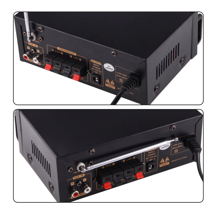 2CH HiFi Stereo Audio Amplifier with Remote Controller, LED Display, USB / SD / MMC Card / MP3 / AUX / FM Radio, AC 220V / DC 12V(Black)