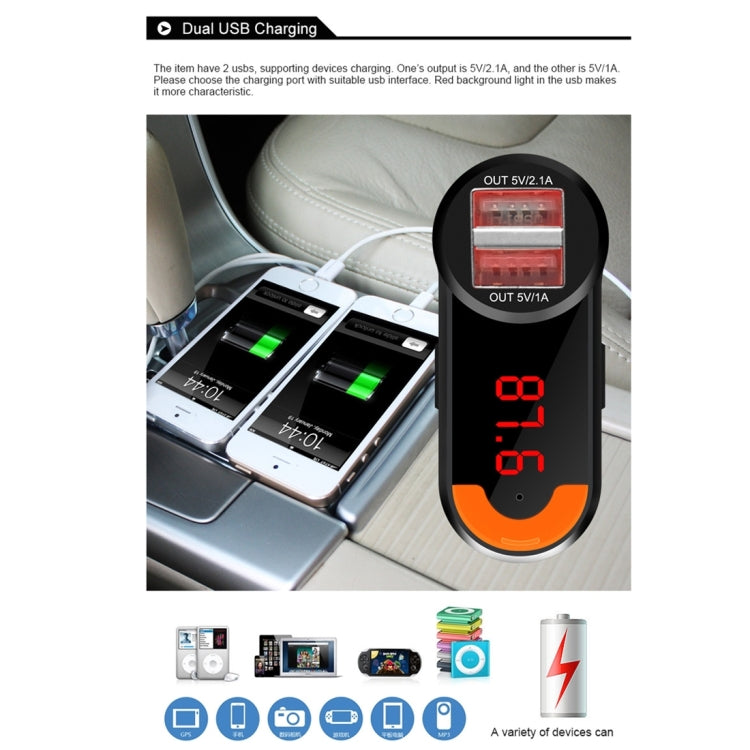 BC10B 5V 1A+2.1A Dual USB Car Charger for iPhone & iPod & iPad & Tablets & Samsung & Sony & LG & Nokia, Support Music Play & Hands-free & FM
