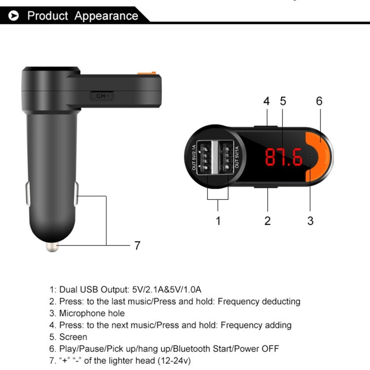 BC10B 5V 1A+2.1A Dual USB Car Charger for iPhone & iPod & iPad & Tablets & Samsung & Sony & LG & Nokia, Support Music Play & Hands-free & FM