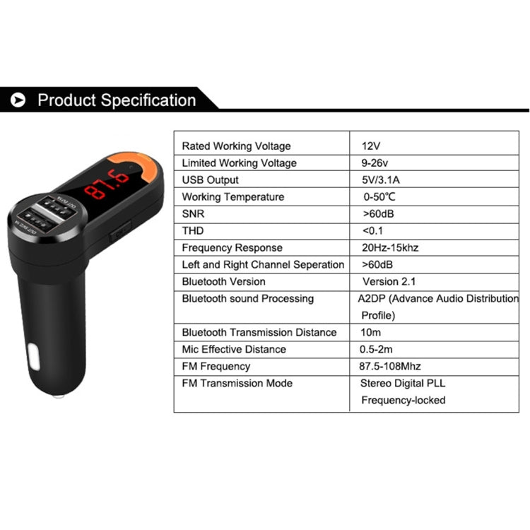 BC10B 5V 1A+2.1A Dual USB Car Charger for iPhone & iPod & iPad & Tablets & Samsung & Sony & LG & Nokia, Support Music Play & Hands-free & FM
