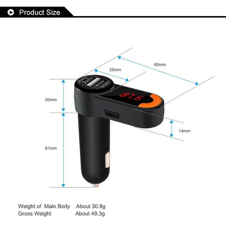 BC10B 5V 1A+2.1A Dual USB Car Charger for iPhone & iPod & iPad & Tablets & Samsung & Sony & LG & Nokia, Support Music Play & Hands-free & FM