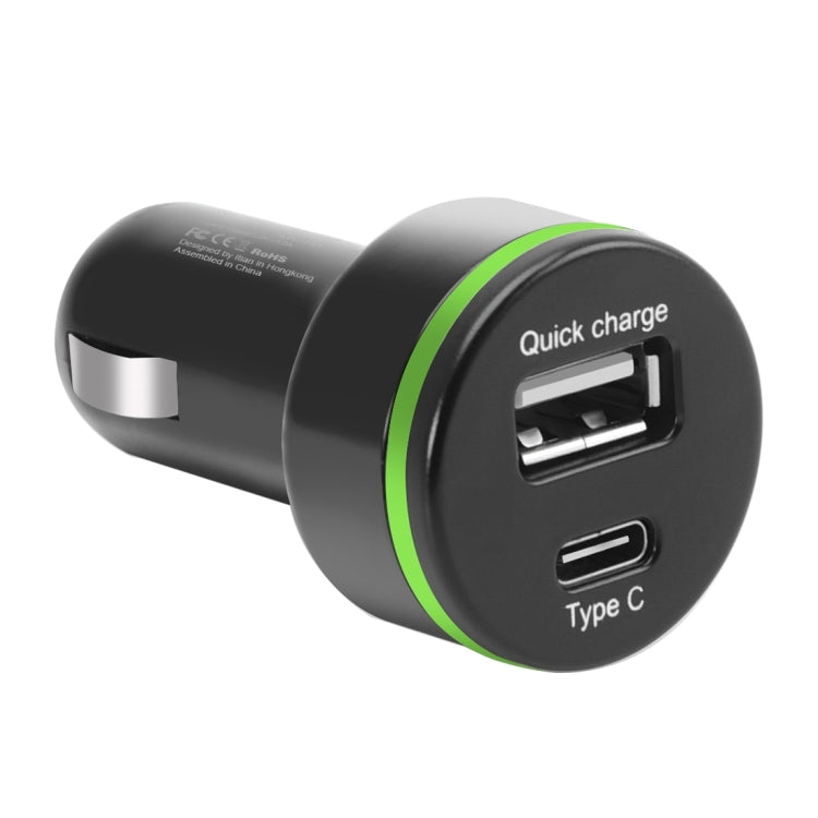K5 Qualcomm Quick Charge 2.0 & USB-C / Type-C Car Charger with Micro USB Cable for Tablets / Phones(Black)