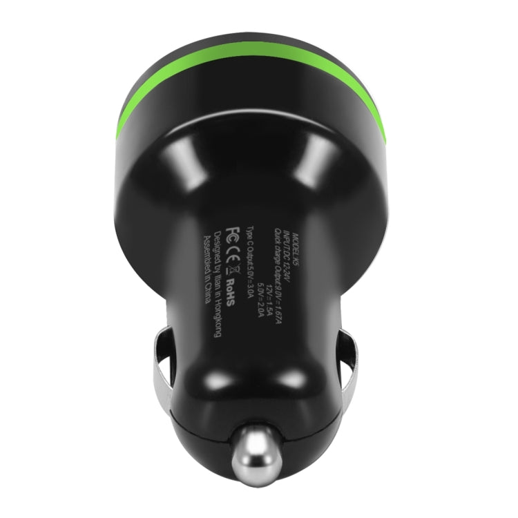 K5 Qualcomm Quick Charge 2.0 & USB-C / Type-C Car Charger with Micro USB Cable for Tablets / Phones(Black)