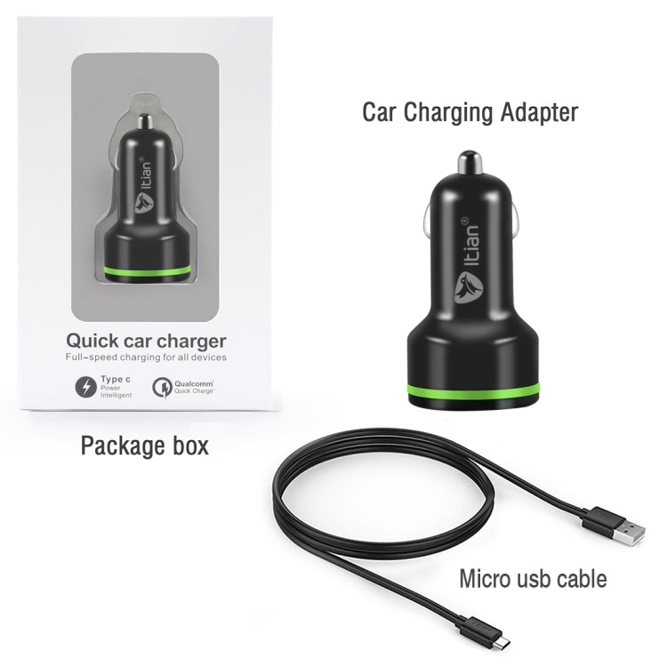 K5 Qualcomm Quick Charge 2.0 & USB-C / Type-C Car Charger with Micro USB Cable for Tablets / Phones(Black)