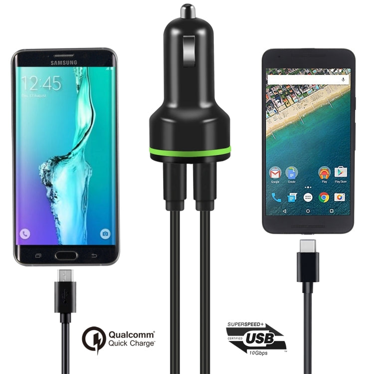 K5 Qualcomm Quick Charge 2.0 & USB-C / Type-C Car Charger with Micro USB Cable for Tablets / Phones(Black)