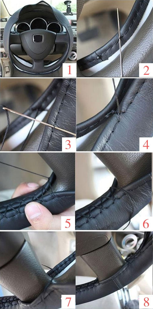 Leather Steering Wheel Cover With Needle and Thread, Size: 54x10.5cm