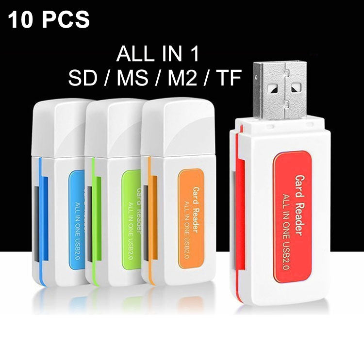 10 PCS Mini All in 1 USB 2.0 SD / MMC /TF /Micro MS M2 Smart Card Reader, Random Color Delivery