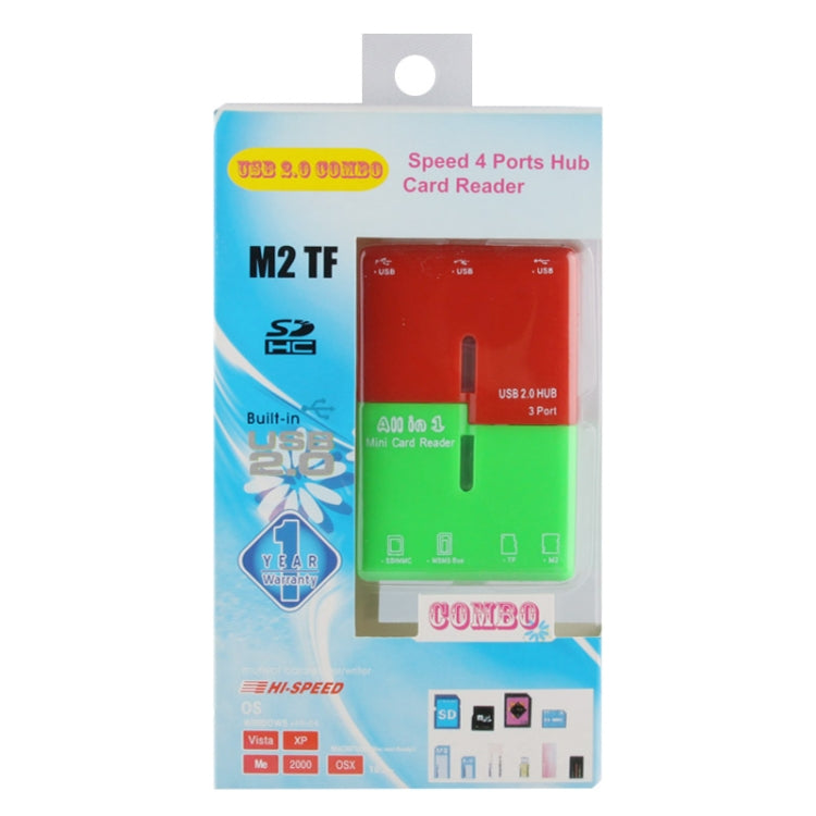 All in 1 Card Reader + 4 Ports USB 2.0 HUB Combo, Support SD / MMC / MS / TF / M2 Card