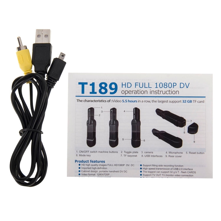 T189 8MP Full HD 1080P Mini Pen Voice Recorder / Digital Video Camera with Clip, Support TF Card, TV Out(Black)