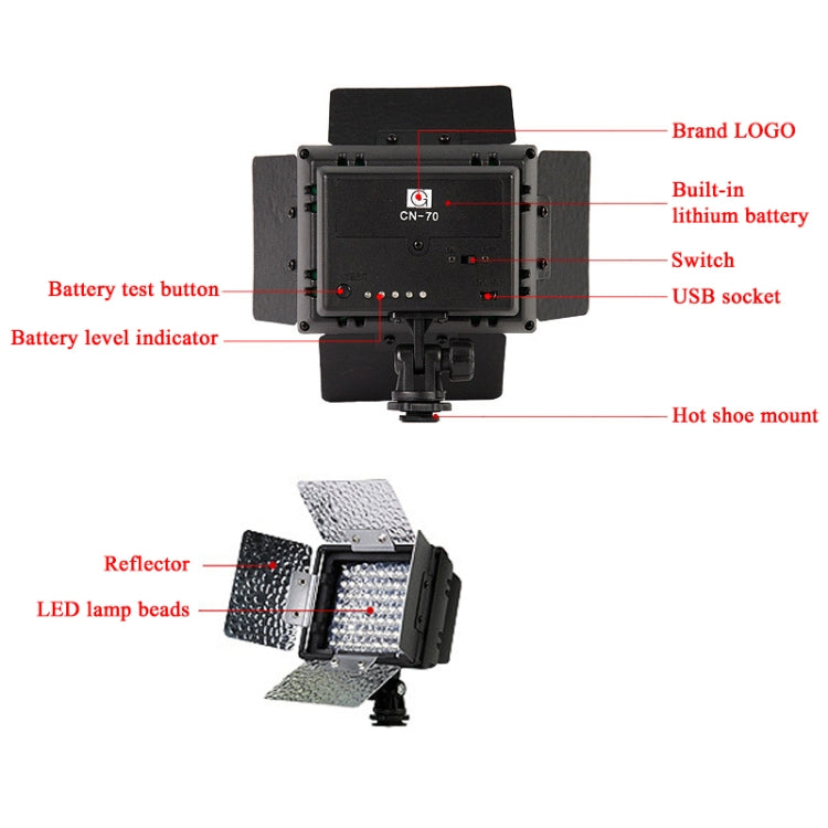 70 LED Video Light with Three Color Temperature Transparent Films (Tawny / White / Purple)(Black)