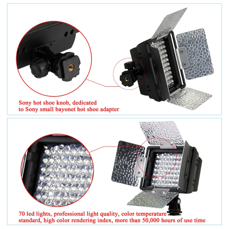 70 LED Video Light with Three Color Temperature Transparent Films (Tawny / White / Purple)(Black)