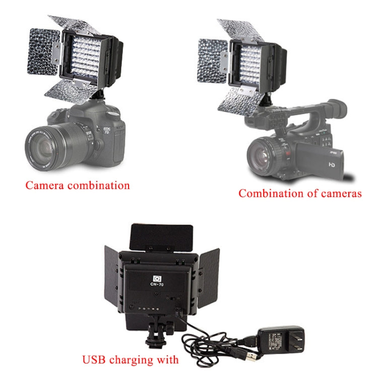 70 LED Video Light with Three Color Temperature Transparent Films (Tawny / White / Purple)(Black)