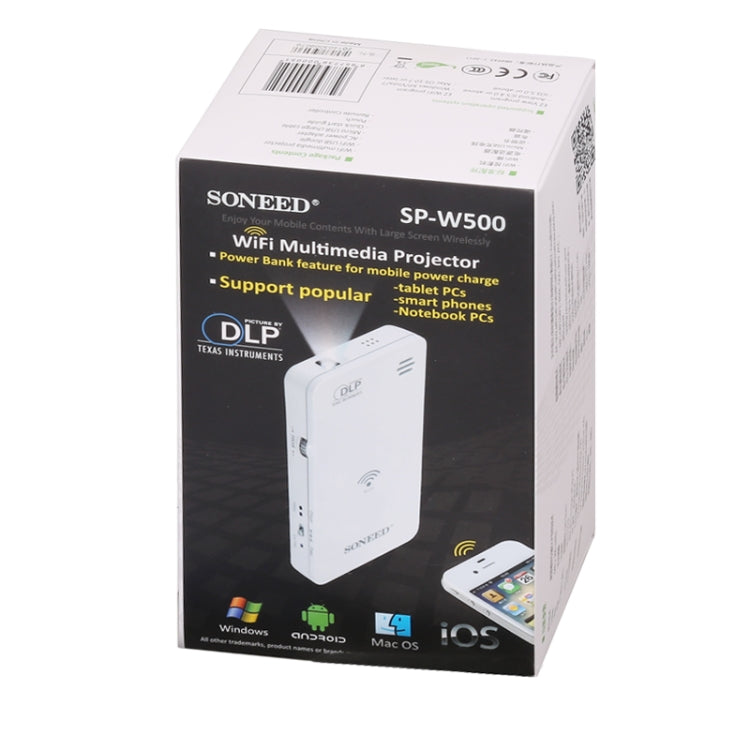Wireless Wifi Mini Mobile Cinema Multimedia DLP Projector for iPhone, Galaxy, Sony, Huawei, Support iOS / Android / Windows / Mac OS System, 50 Lumens, SP-500W(White)