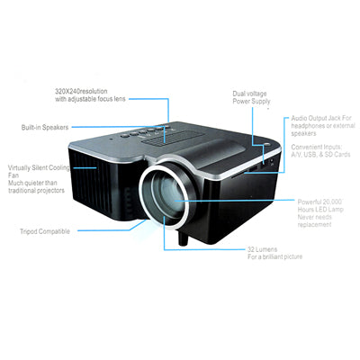 50 ANSI Lumens Portable Multimedia Entertainment LED Projector with Speaker / Remote Control, Supports USB Flash Disk / SD Card / VGA / AV In (Single-chip LCD Technology, 320 x 240 Resolution)