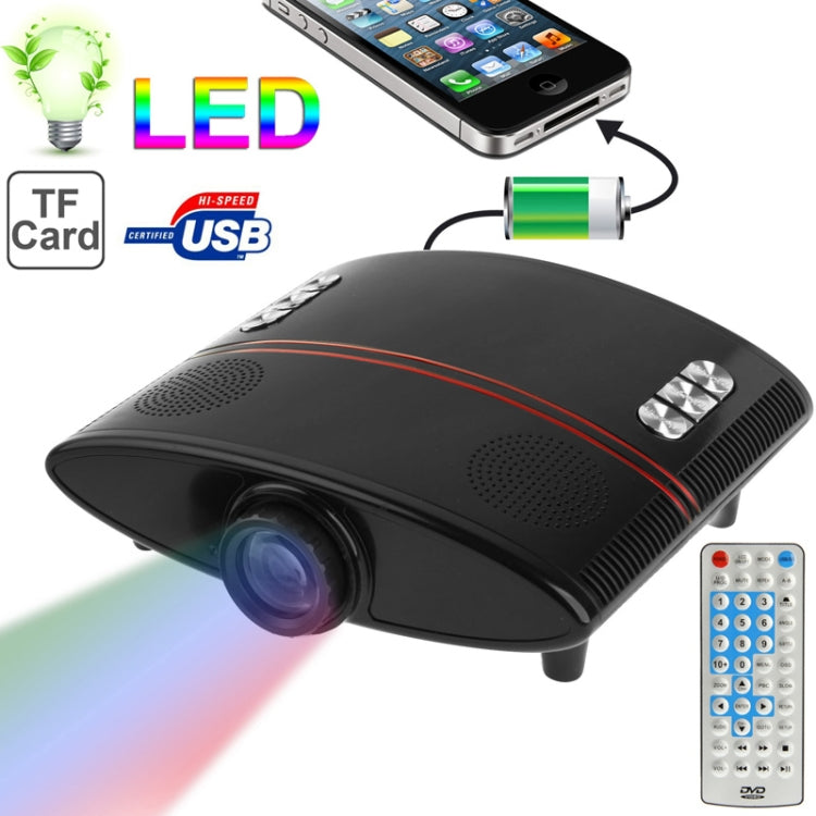 Multimedia LED Movie Projector with Remote Controller, Built-in Speaker, Support TF Card / USB / AV Input / Charging for Mobile Phone(Black)