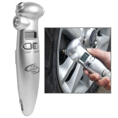 4 in 1 (Flashlight, Digital Tire Gauge, Emergency Hammer, Seat Belt Cut) Digital LCD Tire Pressure Gauge Utility Tool