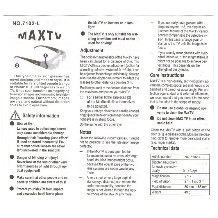 7012L 2.1X TV Magnification Glasses for Hyperopia People (Range of Vision: 0 to +300 Degrees)(Black)