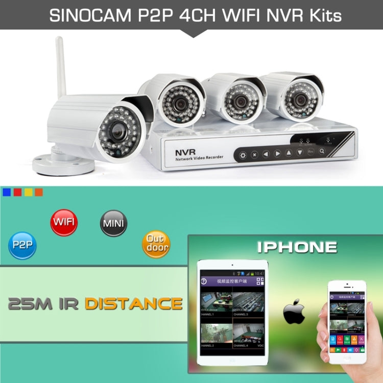 szsinocam SN-NVK-6004E 4Ch HD 720P P2P 1.0 Mega Pixel Wireless Cloud IP Camera NVR Kit, Support Video Push Alarm & ONVIF, IR Distance: 20m