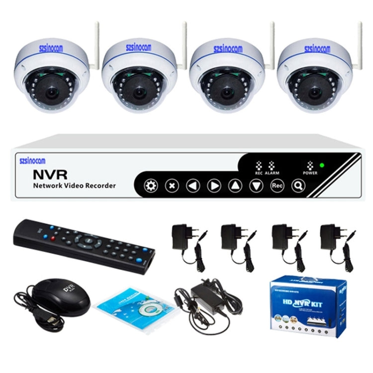 szsinocam SN-NVK-7304F 4Ch HD 720P P2P 1.0 Mega Pixel Wireless Dome Cloud IP Camera NVR Kit, Support Video Push Alarm & ONVIF, IR Distance: 20m