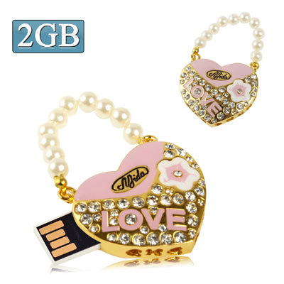 Heart Shaped Diamond Jewelry USB Flash Disk with Pearl Chain, Special for Valentines Day Gifts
