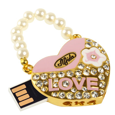 Heart Shaped Diamond Jewelry USB Flash Disk with Pearl Chain, Special for Valentines Day Gifts