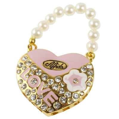Heart Shaped Diamond Jewelry USB Flash Disk with Pearl Chain, Special for Valentines Day Gifts