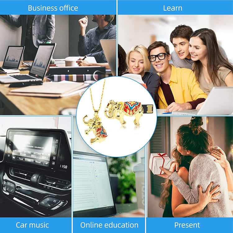 Golden Elephants Shaped Diamond Jewelry Necklace Style USB Flash Disk