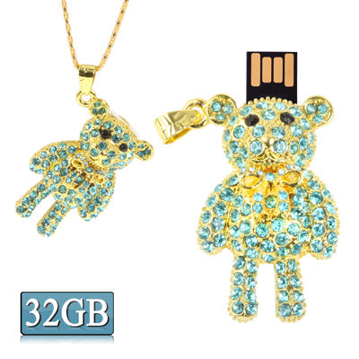 Lovely Bear Shaped Turquoise Diamond Necklace Style USB Flash Disk