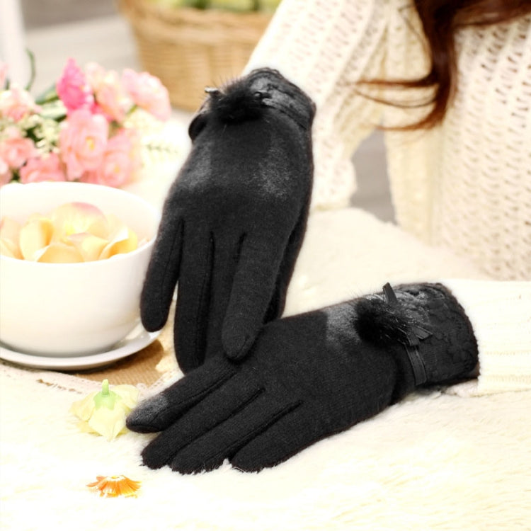 Fashionable Mink Fur Ball and Lace Design Cashmere Gloves for Women(Black)