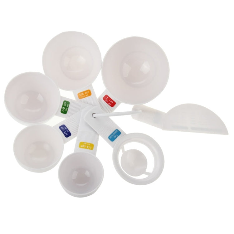 7pcs Kitchen Tool Plastic Measuring Cup, Including Scraper, Egg Separator, 1/4 Cup (60ml), 1/3 Cup (80ml), 1/2 Cup (120ml), 3/4 Cup (180ml), 1 Cup (240ml)(White)