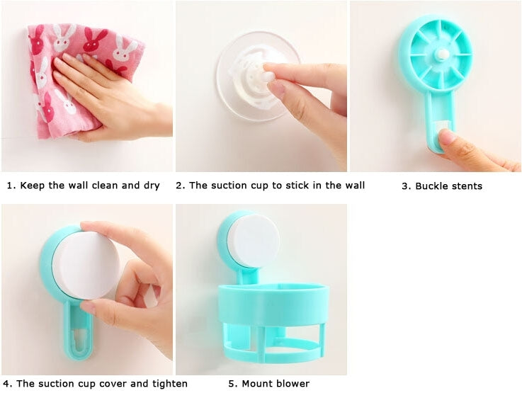 Sucker Wall Mount Bracket Plastic Hair Dryer Bathroom Storage Rack(Blue)