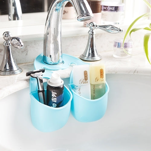 Ceative Double Bags Kitchen Sink Drain Basket Storage Shelf Bathroom Storage Hanging Baskets(Blue)