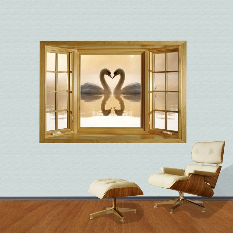 3D Harmony and Romantic Swans Couple Window View Removable Wall Art Sticker, Size: 66 x 98 x 0.3 cm