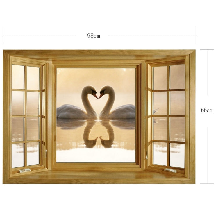 3D Harmony and Romantic Swans Couple Window View Removable Wall Art Sticker, Size: 66 x 98 x 0.3 cm