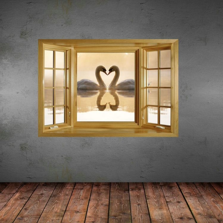3D Harmony and Romantic Swans Couple Window View Removable Wall Art Sticker, Size: 66 x 98 x 0.3 cm
