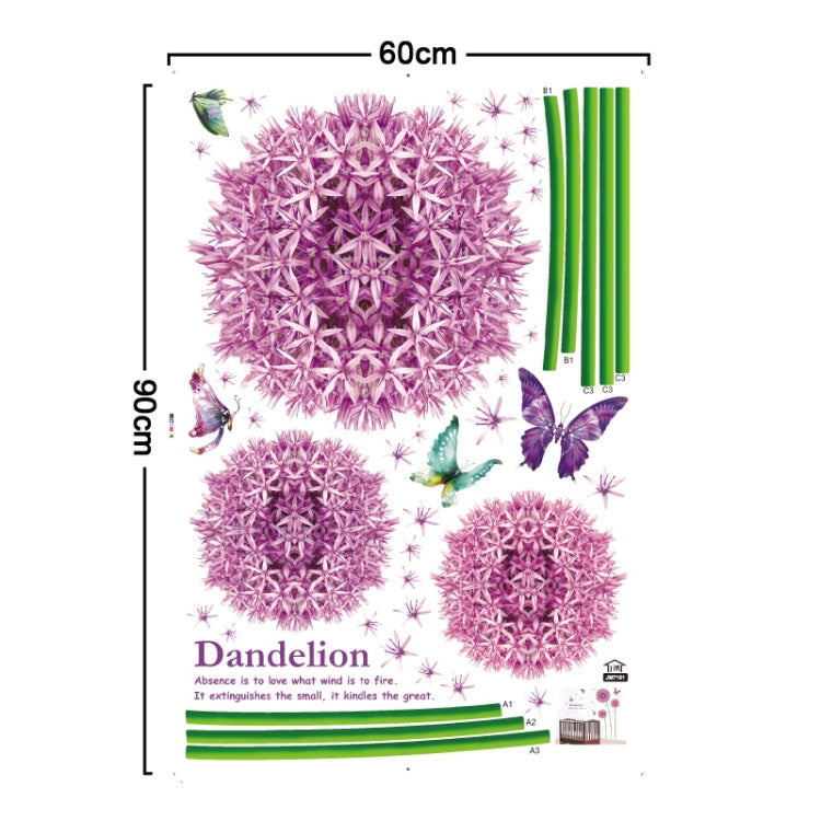 DIY Fashion Self Adhesive PVC Removable Wall Stickers / House Interior Decoration Pictures -- Purple Dandelion & Butterfly, Size: 90cm x 60cm