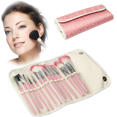 Foldable Synthetic Leather Cosmetic Brush Case Bag with 13pcs Brushes Kit Set Facial Care Item(Pink)