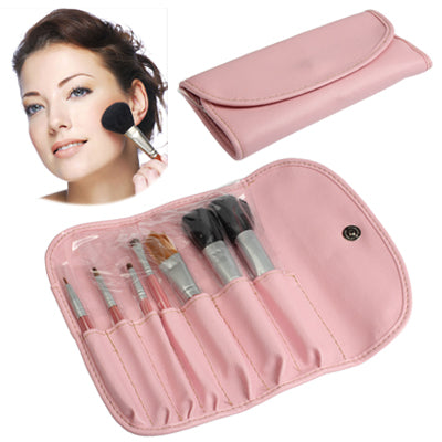 Professional 7pcs Makeup Brush with Wood Handle Set Beauty Kit Cosmetic + PU Leather Carrying Case(Pink)