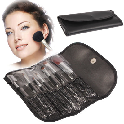 Foldable Synthetic Leather Cosmetic Brush Case Bag Kit Set for Ladies 7pcs Brushes Facial Care Product(Black)