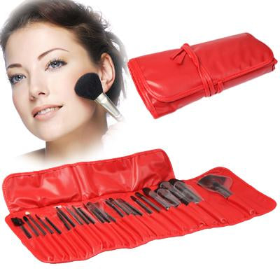 Professional 24pcs Makeup Brush Set Beauty Kit Cosmetic + PU Leather Carrying Case(Red)