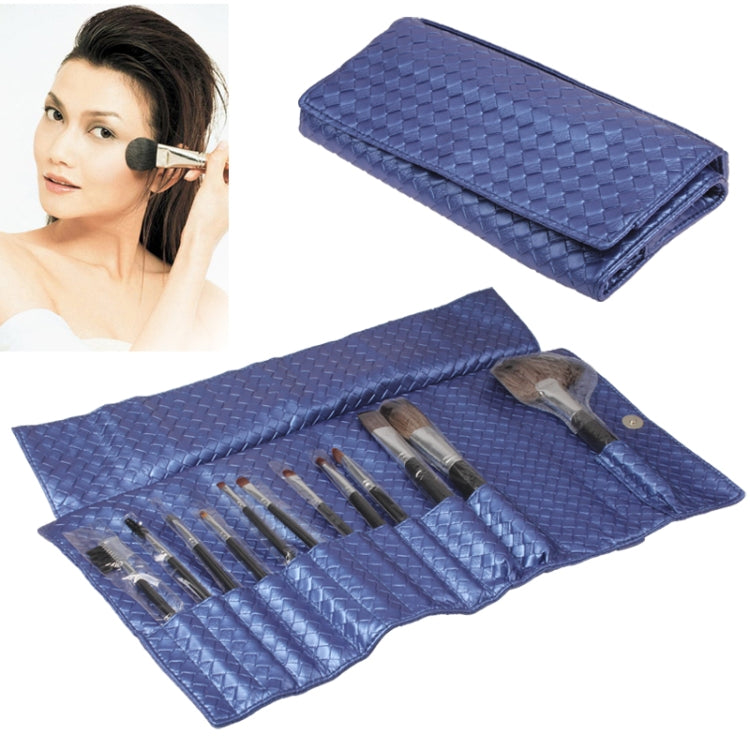 12 PCS Professional Makeup Brush Set Beauty Kit Cosmetic + Grid Pattern PU Leather Carrying Case(Blue)