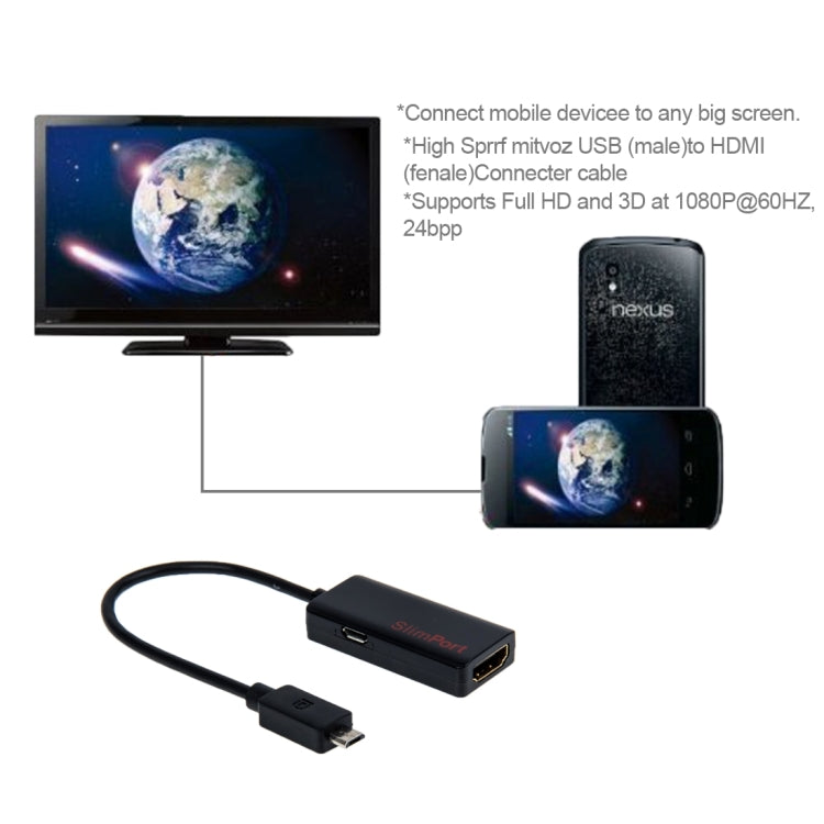 Micro USB Slim Port to HDMI Adapter for Google Nexus 4 & 5, LG Optimus G Pro & 2 & 3, Fujitsu, Asus, Support HD TV 1080 & 3D Output, Length: 15cm(Black)