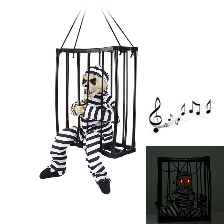 Halloween Glitter Hanging Caged Prisoner Skeleton with Flashing Color LED(Black)