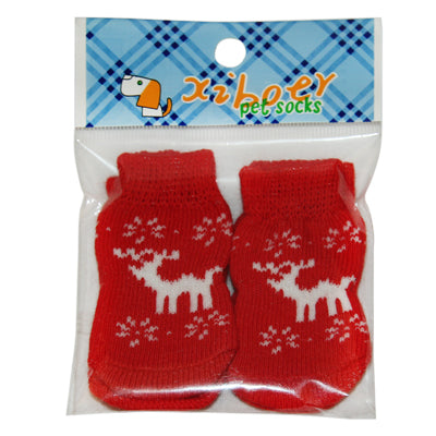 Cute Deer Pattern Cotton Non-slip Pet Christmas Socks,Size: S(Red)